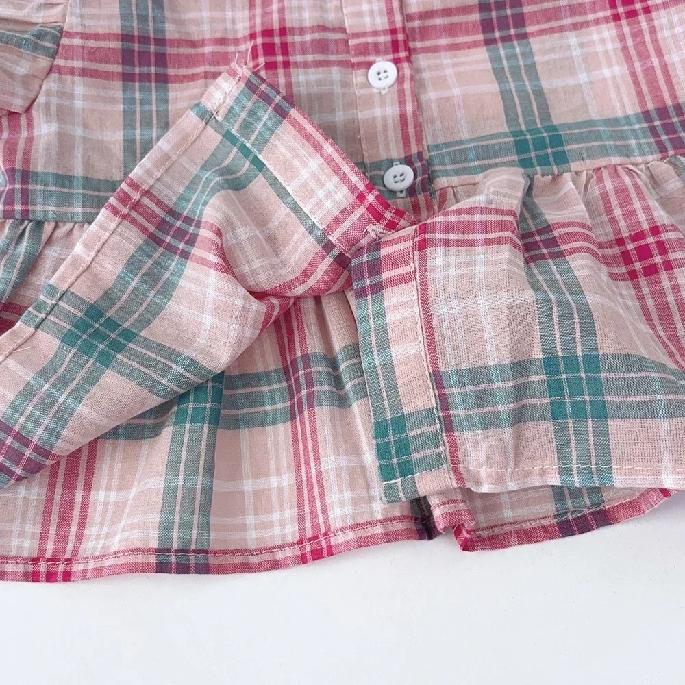 Summer Sweet and Casual 3-10-year-old Girls and Teenagers Pink Suit Square Collar Checkered Top+Wide Leg Pants Two Piece Set image 6