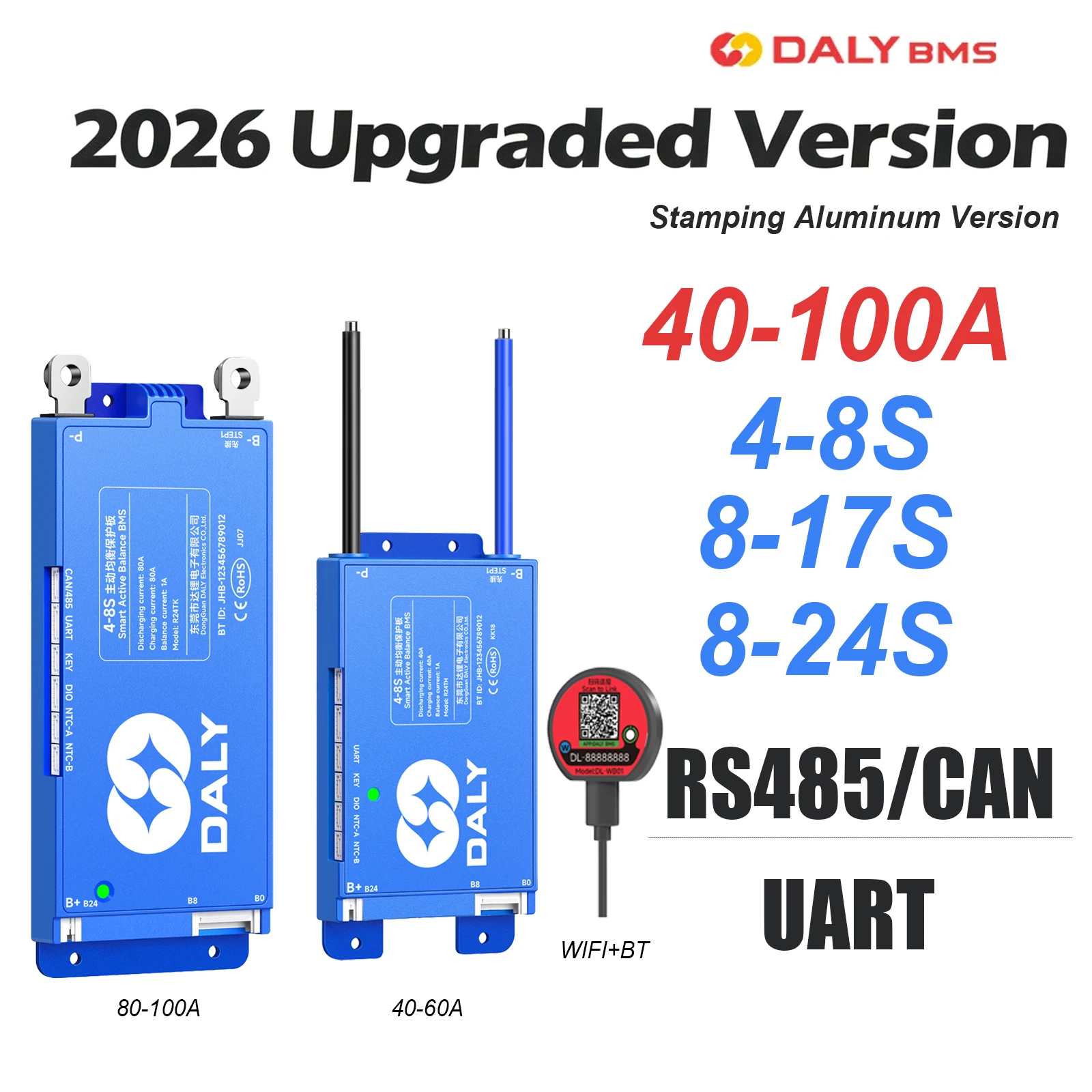 Daly Active Balance Smart BMS Stamping Processing Version 40A 60A 80A 100A UART RS485/CAN BT WIFI 4-8S 8-17S 8-24S 2026 Upgraded