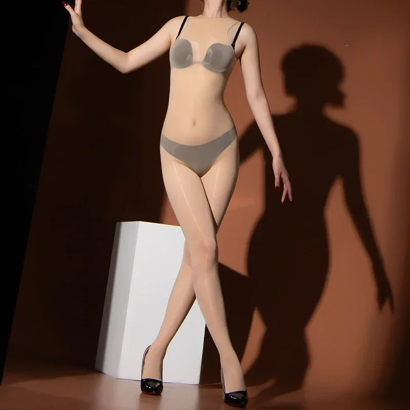 Womens Body Stockings Seamless Oil Shiny Ultra-Thin Jumpsuit Smooth Sleeveless Elastic Tights See-Through Underwear Pantyhose