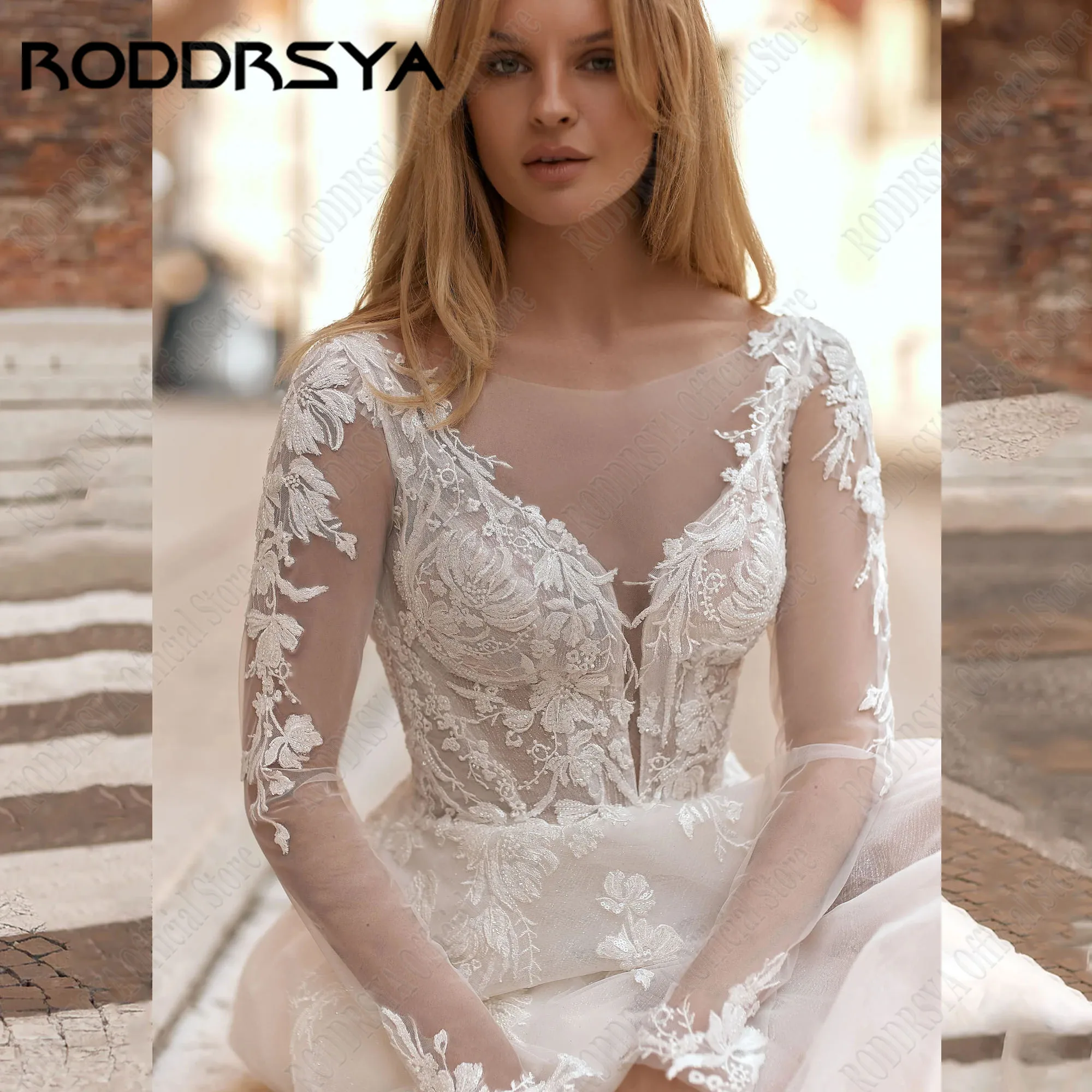 RODDRSYA A-Line O-Neck Wedding Dresses For Woman Beading Long Sleeves Illusion Applique Bridal Gowns Boho Tulle Robe De Mariée