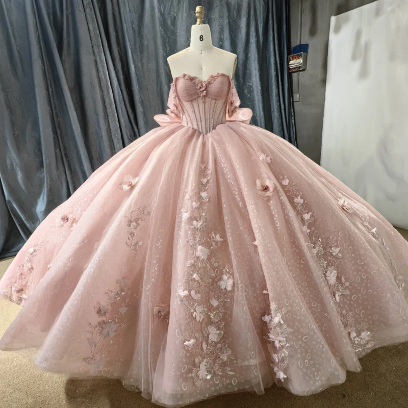 

Pink Shiny Princess Off the Shoulder Sweet 16 Dress Quinceanera Dresses Applique Flower Beads Bow Tull Party Birthday Vestidos