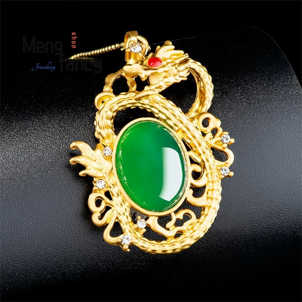 Genuine Natural Green Agate Zodiac Dragon Copper Gold Plating Pendant Exquisite High-grade Fashion Jewelry Popular Holiday Gifts