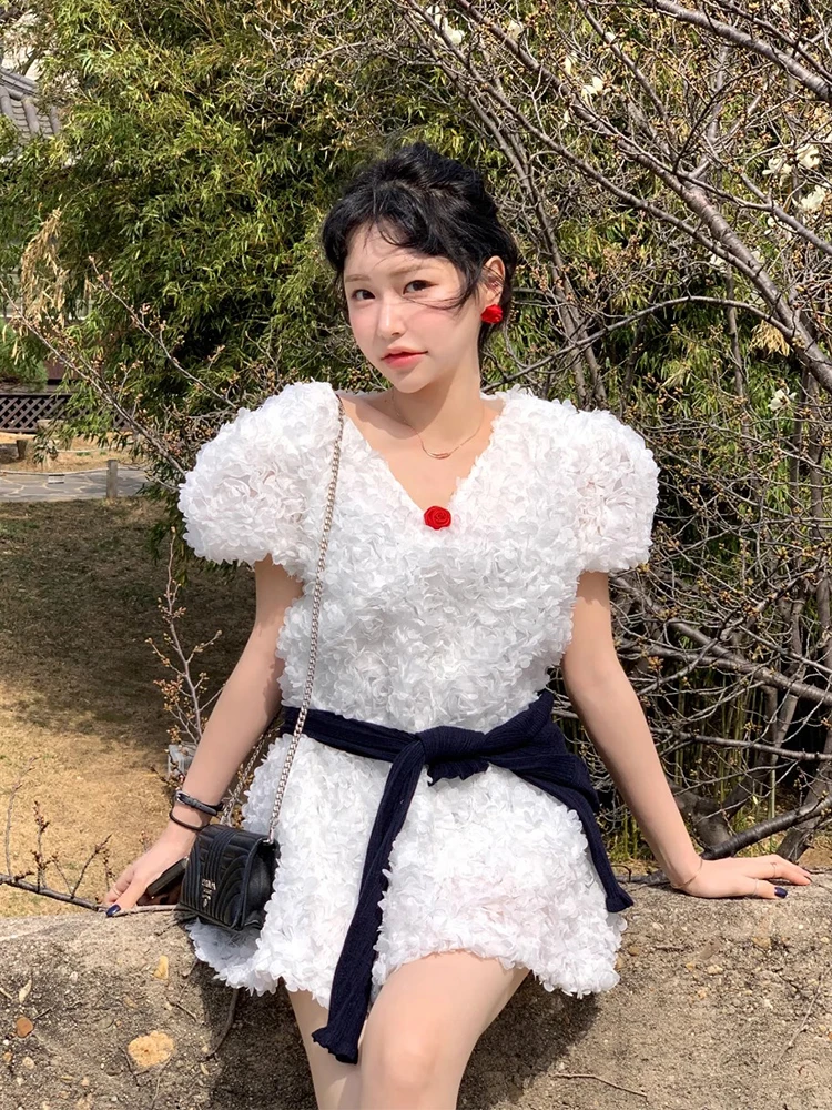 Liangliang nom dame Sle t-shirt dimensionnel pétale bulle Sve Dr femmes été nouveau rétro Faionable couches ort jupe