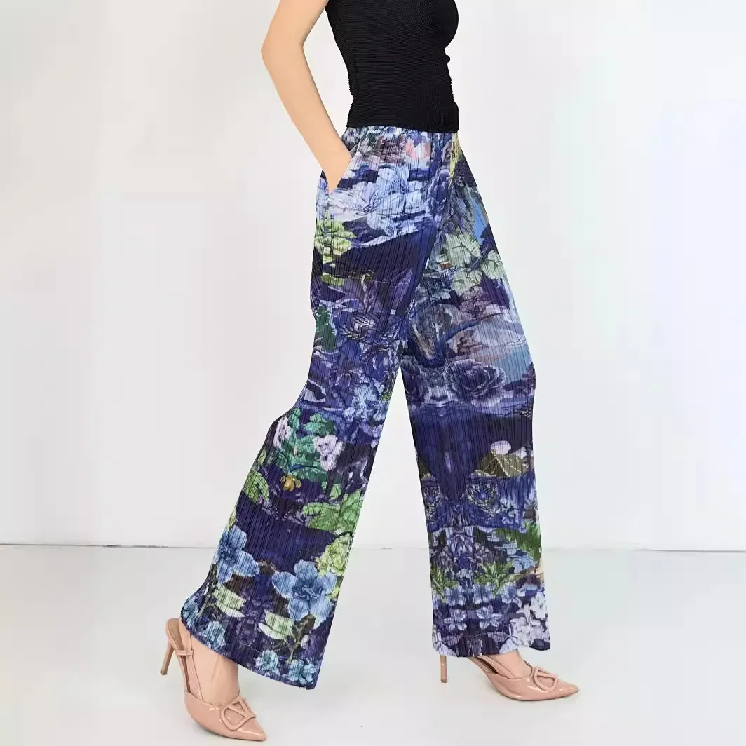 

2024 Miyake New Spring and Summer Wide-legged Pleated Fold Digital Print Loose Thin Fashion Versatile Pants Women Clothing