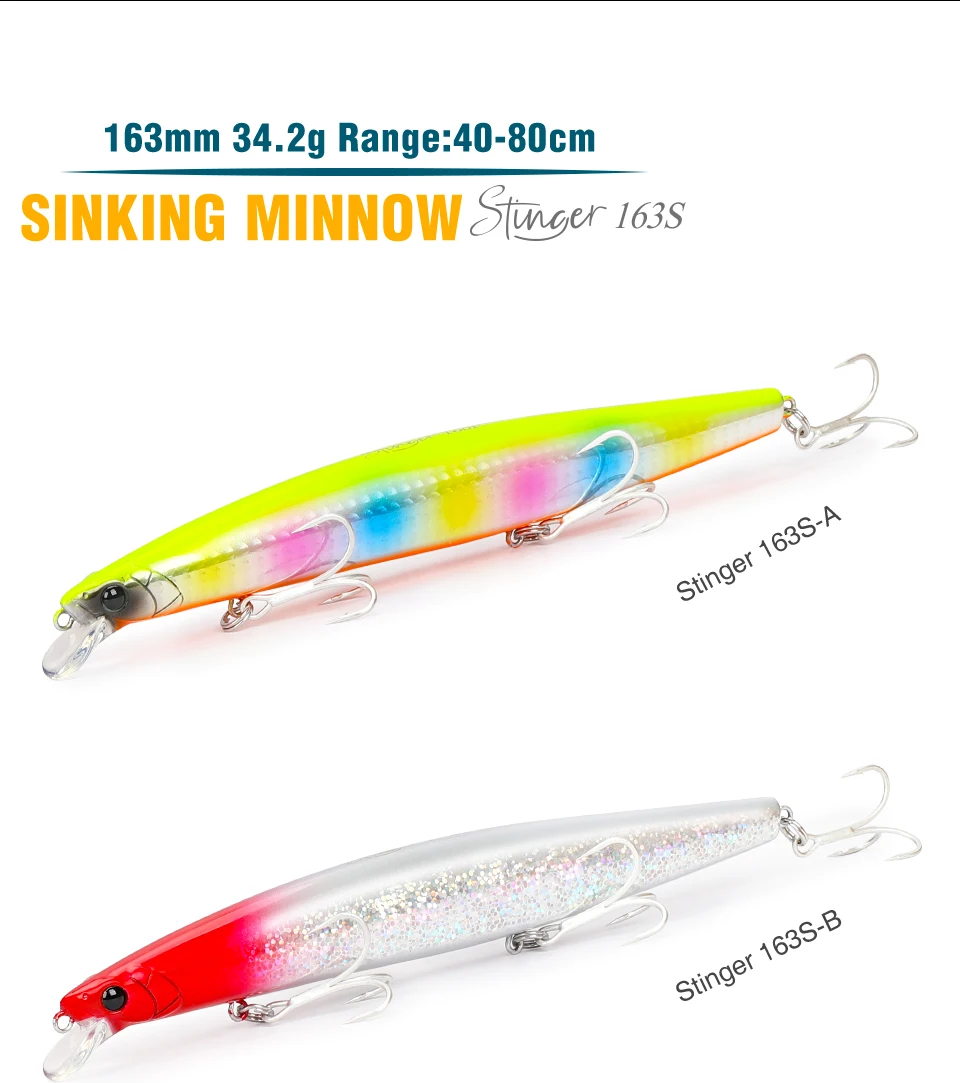 TSURINOYA 163S Ultra Long Casting Sinking Minnow Sea Fishing Lure STINGER 163mm 34.2g Seabass Tuna Saltwater Large Hard Baits