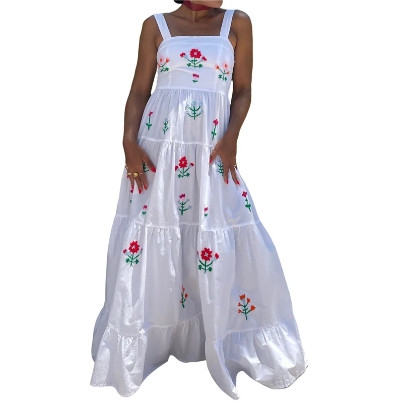 CGS-Vestito lungo ricamato da donna senza maniche smock fluido prendisole Boho Abiti lunghi estivi Vocazione sulla spiaggia