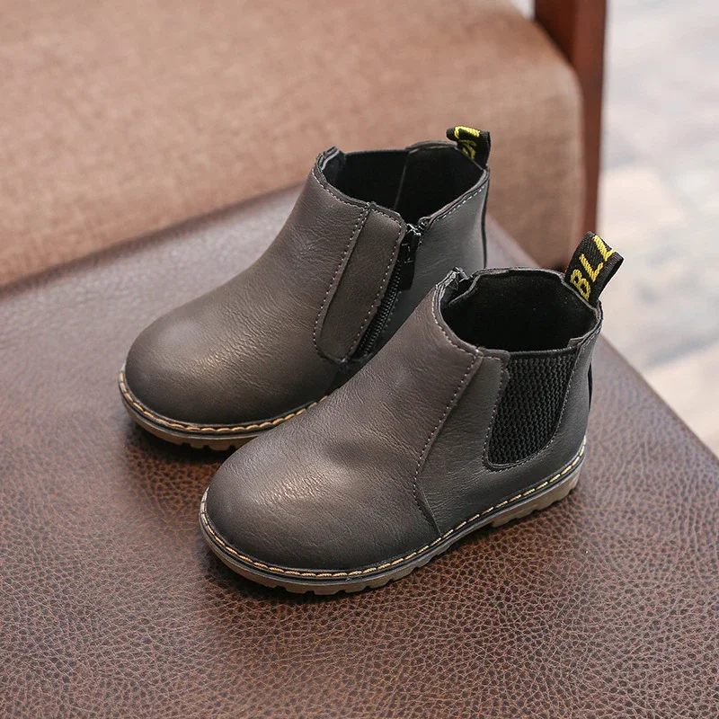 Baywell Korean Style Children's Leather Boots Fashion Casual Short Boots Retro Waterproof Solid Color Boots 1-5 Years