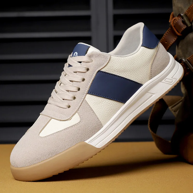 

Новые мужские повседневные кроссовки из натуральной кожи с цветными вставками, на плоской подошве, для молодых мужчин, стильные, на шнуровке