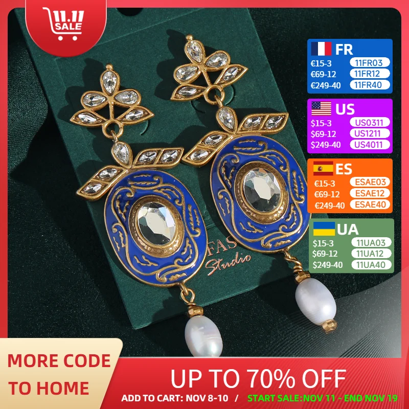 

Vintage Pearl Drop Crystal Earrings Luxury Blue Enamel Baroque Jewelry Natural Trendy 2025 For Women Large Accessories Wedding