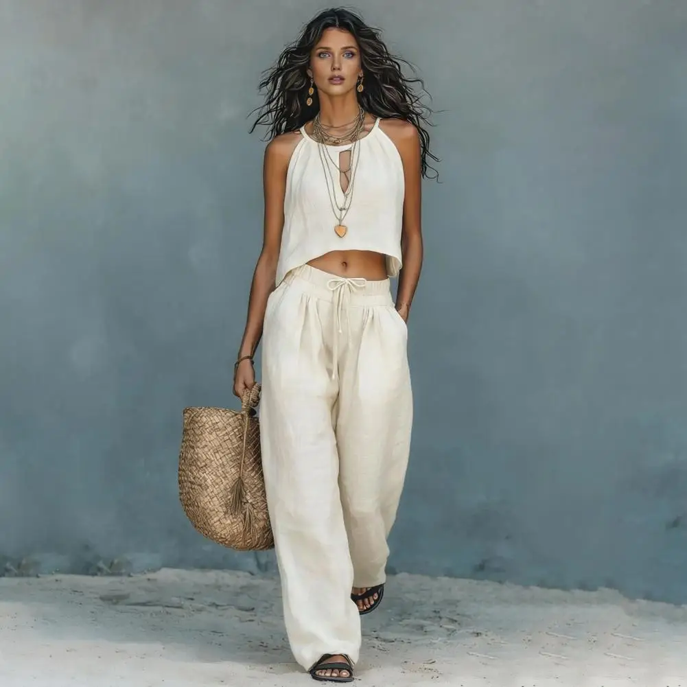 

Women Outfit Women’s Crop Tank Top Wide Leg Pants Set Summer Matching Outfit Travel Vacation Lounge Two-piece Ensemble