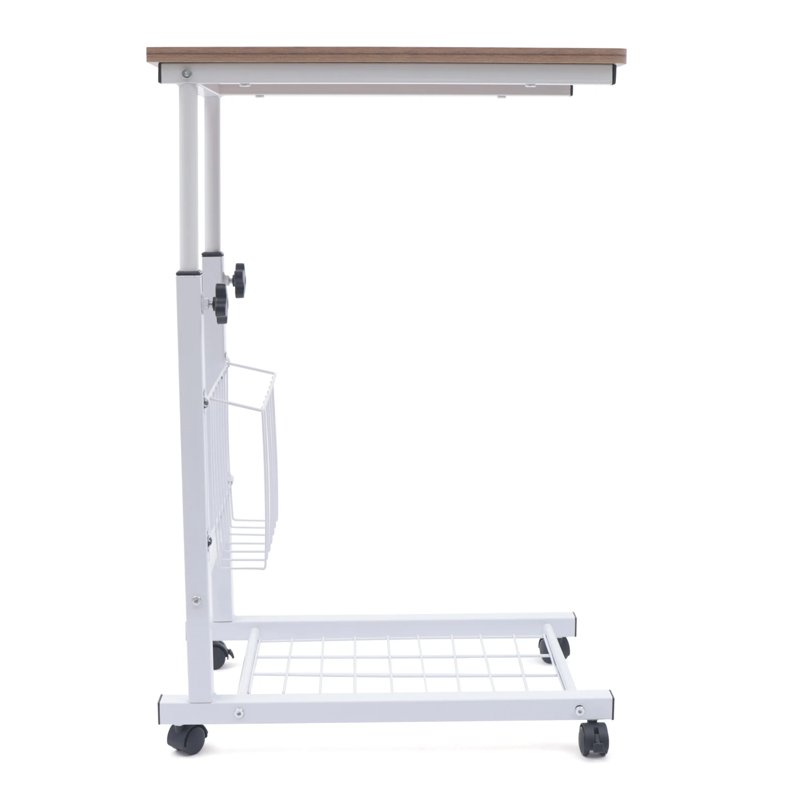 

Mobile Sofa Side Table Height Adjustable Rolling Bedside Table with Side Basket and Bottom Shelf Portable C Shaped End Table