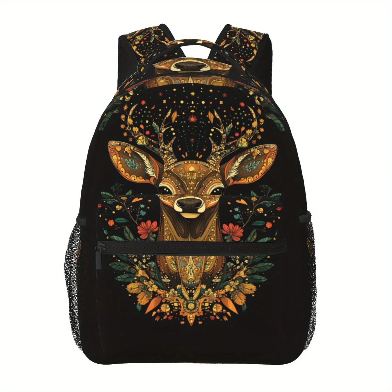Stylish Deer Spirit Pattern Backpack Vibrant Floral Ethereal Design, Lightweight Polyester Padded Laptop Compartment