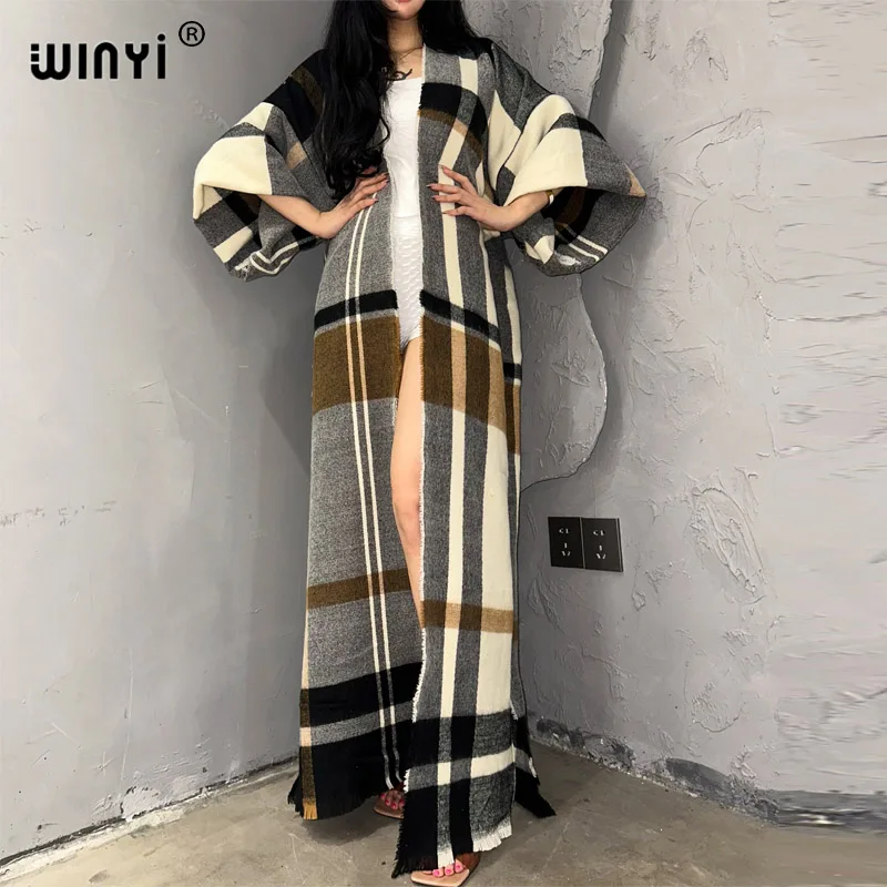 WINYI Winter Plaid print cloak Women High Quality poncho black fashion Luxury Loose OverCoat Thick Warm Female maxi coat top