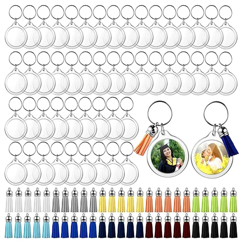 50 conjuntos de chaveiro de foto acrílica com borlas, chaveiro de foto de inserção personalizada diy, chaveiro de imagem em branco transparente, durável, fácil de usar