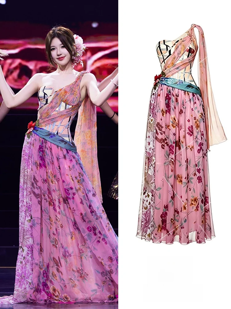 Zhaolu Si Concert Thai Style Fishbone Shoulder Bandeau Dress Floral Sash Dress Sweet Headwear Stage Performance Dress