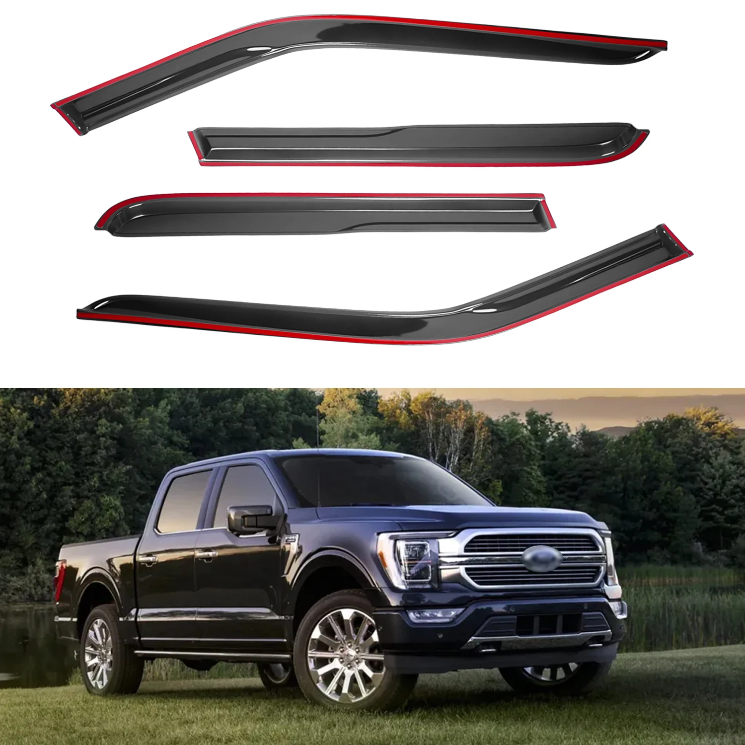 

For Ford F-150 SuperCrew Cab 2015-2022 / Ford F-150 Raptor 2017-2022 SuperCrew / Ford Super Duty F250/F350/F450/F550 SuperCrew 2017-2022 Tinted 4pcs Wind Deflectors With Drain Channels 1.5MM thickness