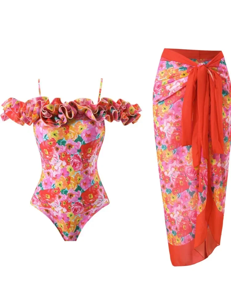 Bikini Retro estampado, traje de baño de una pieza a la moda y cubierta con falda ajustada, vendaje para mujer, playa de verano, elegante de lujo
