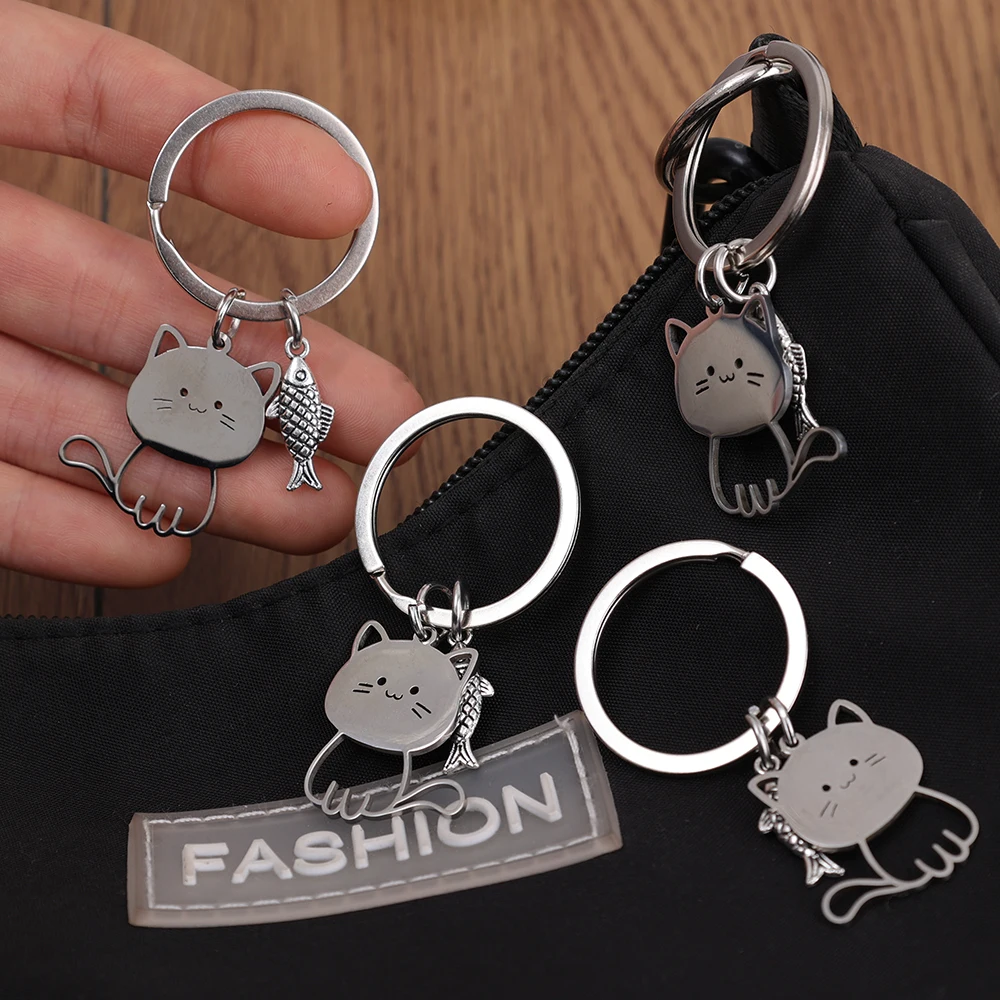 1/2pcs Stainless Steel Lovely Cat Keychain Couple Lover Animal Matching Keyring Cat Eating Fish Pendants Valentine\'s Day Gift