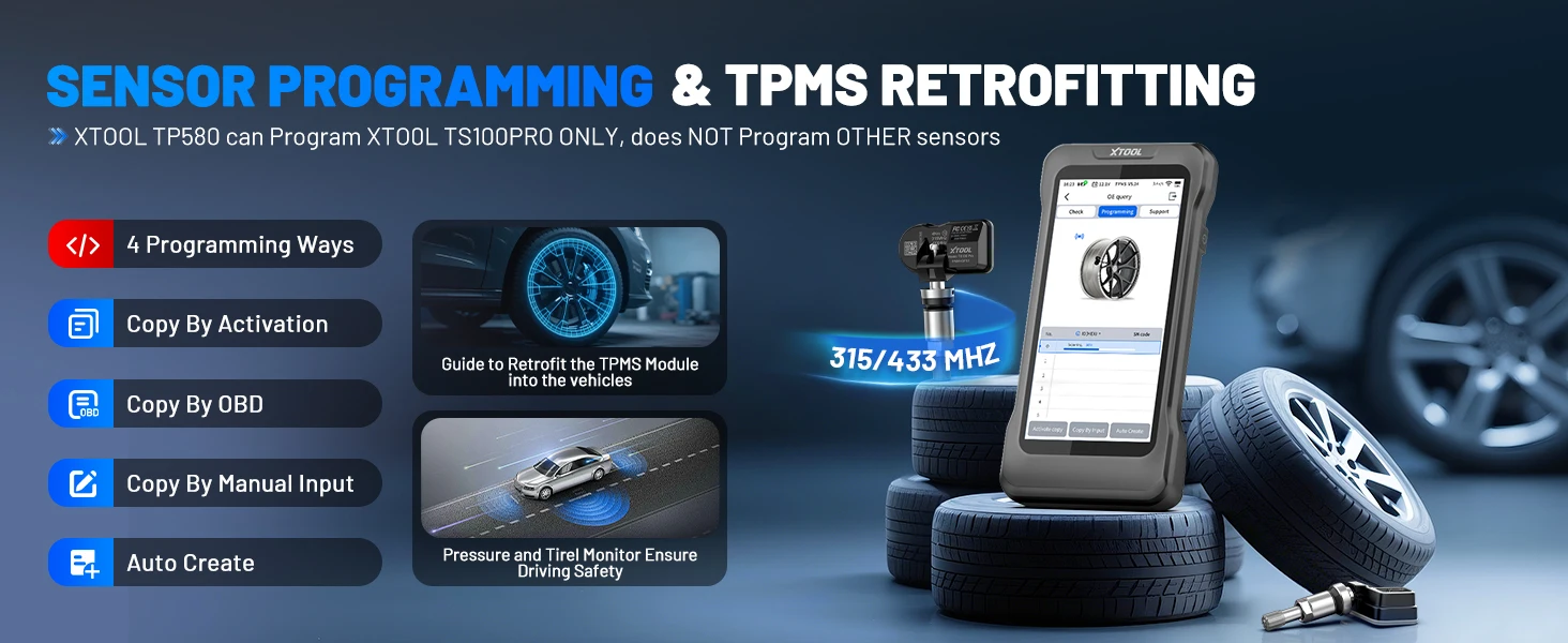 2026 XTOOL TP580 TPMS-Diagnosetool VS TP150, Allsystem-Automobilscan (nicht nur TPMS), 22+ Reset-Funktionen, fortschrittliche TS100PRO-Sensorprogrammierung, lebenslange kostenlose Updates, 315/433MHz-Sensoraktivierung/-Neuanlernen und OBD-Neuanlernen, Typ-Programmierwerkzeuge – Detail 5