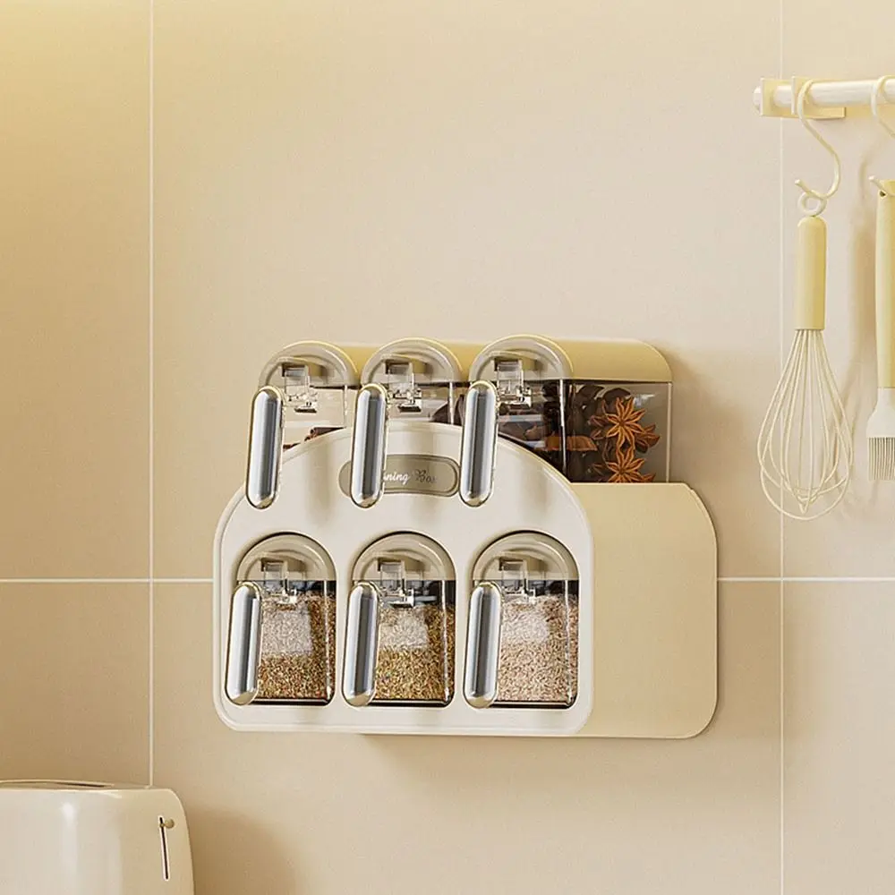 

Plastic Wall Mounted Seasoning Box Moisture-proof Space Saving Spice Storage Rack Sealed with Spoon Spice Container