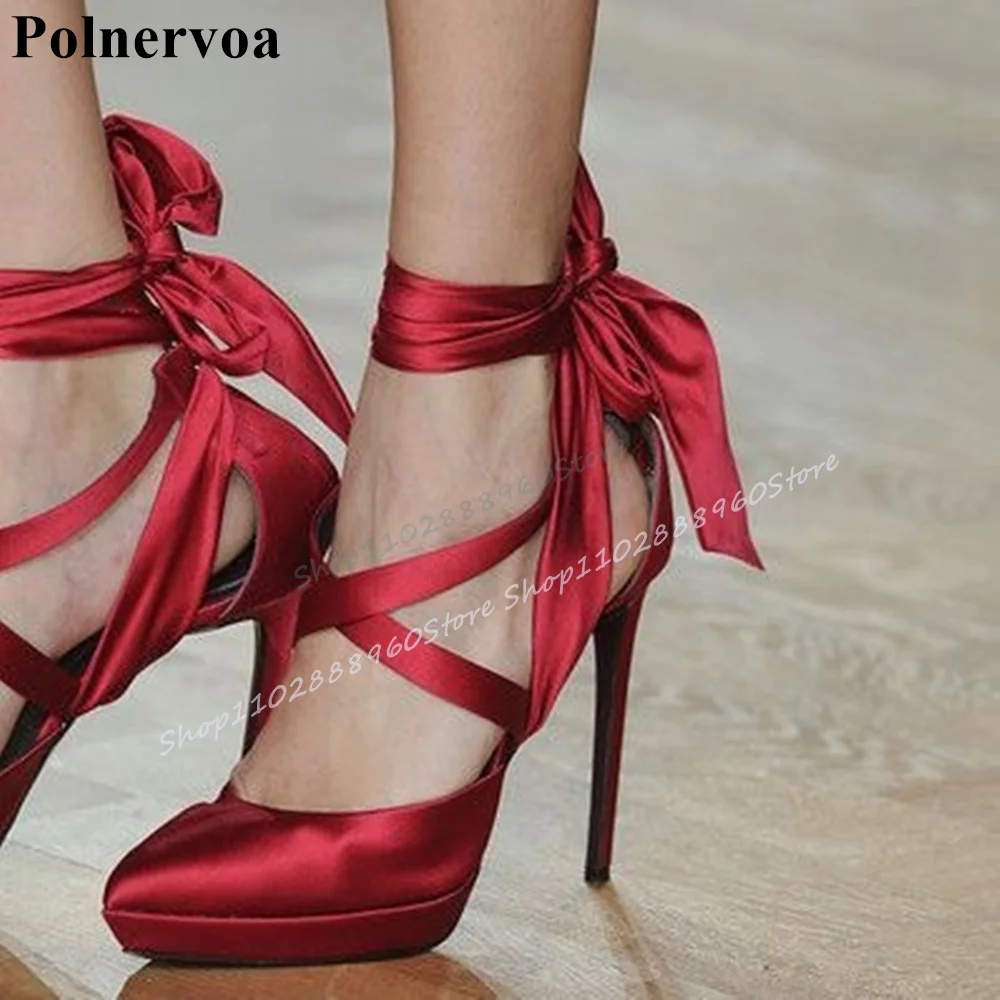 

Luxury Red Satin Ribbon Shallow Sandals Thin High Heel Shoes For Women Lace Up Pointed Toe 2025 Fashion Zapatos Para Mujere