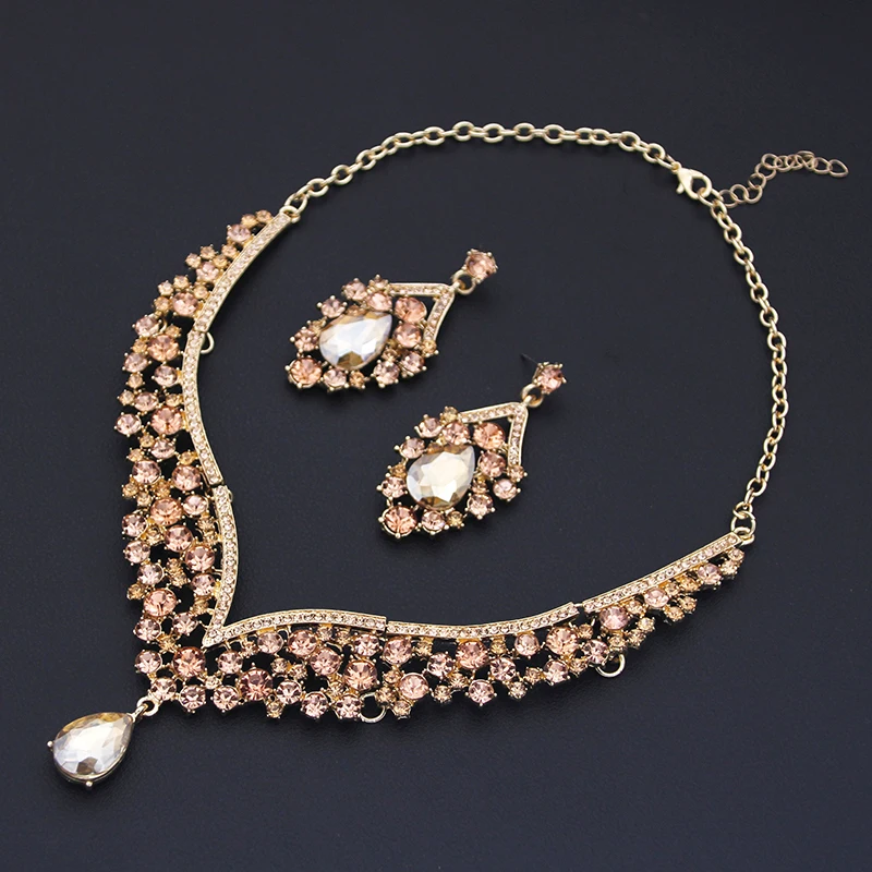 Champagne Colors Bridal Earrings Necklace Set Water Drop Rhinestones Crystal Adjustable Dubai Jewelry Set for Wedding Bride