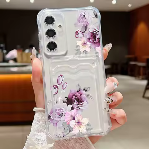 Case For Samsung Galaxy S25 Edge S24 S23 S22 Ultra Plus S24 FE A55 A56 A35 A34 A15 A36 Purple Flowers Card Bag TPU Phone Cover