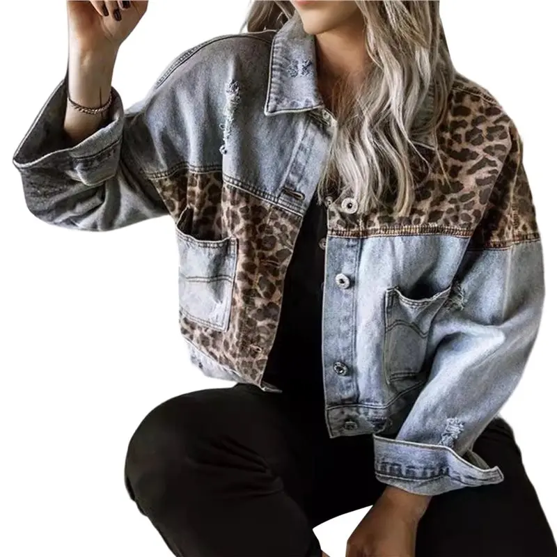 ABAH-Womens Button Down Distressed Leopard Denim Jean Jacket Washed Long Sleeve Ripped Cheetah Jean Coat