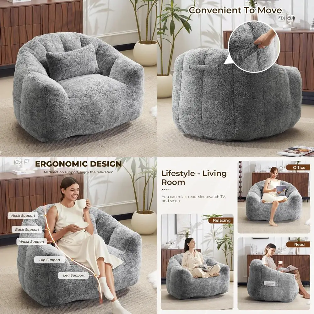 كرسي كيس فول من فراء الأرنب الصناعي كبير الحجم للبالغين، أريكة كسولة مريحة ومنفوشة، مقعد صالة على الأرض، لهجة مريحة بدون عظم