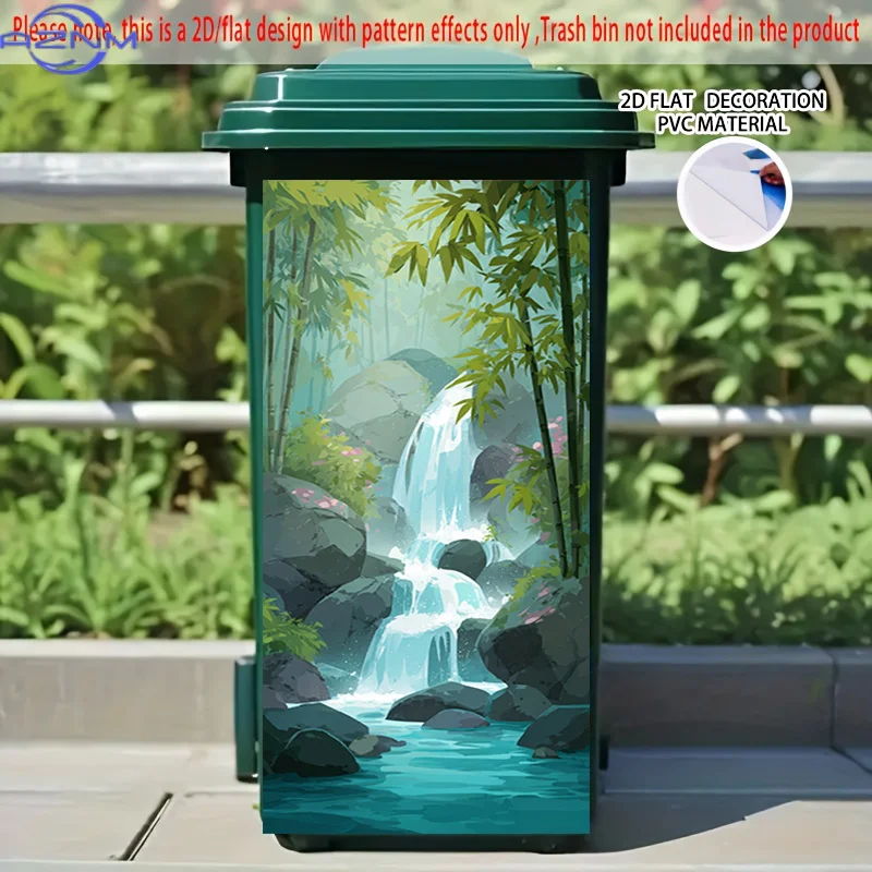 [2D Flat Printing] 1pc 2D Pattern Printed Kitchen Trash Can Sticker, X Cm Bamboo Forest Clear Spring Flowing Rhythm Theme Kitc