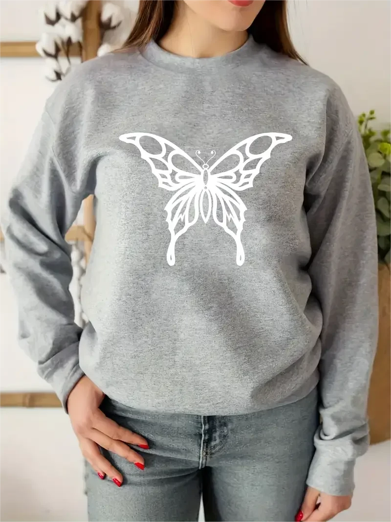 

Butterfly Print Round Neck Sweatshirt, Long Sleeve Pullover Sports Top For Fall Winter, Women Clothing Winter