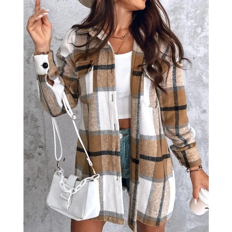 Double Pocket Plaid Wool Coat Plaid Pattern Drop Shoulder Long Sleeve Blouse Coats Women Collar Button Front Shacket