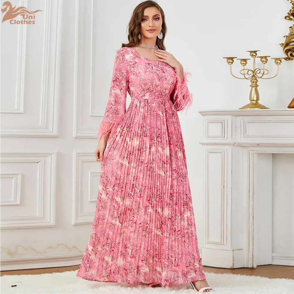 Fashion Crimping Long Dresses For Muslim Woman V-Neck Elegant Casual Abayas With Belt And Feathers Mororccan Dubai Robe