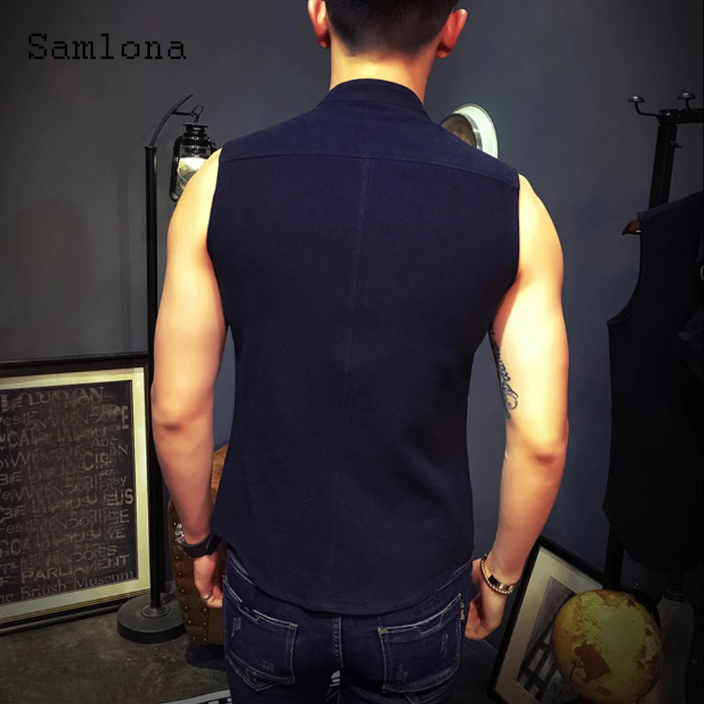 Samlona Plus Size 4xl 5xl Men Latest Casual Tank Tops Mens Streetwear 2022 Summer Fashion Zipper Vest Men\'s Sleeveless Tshirt