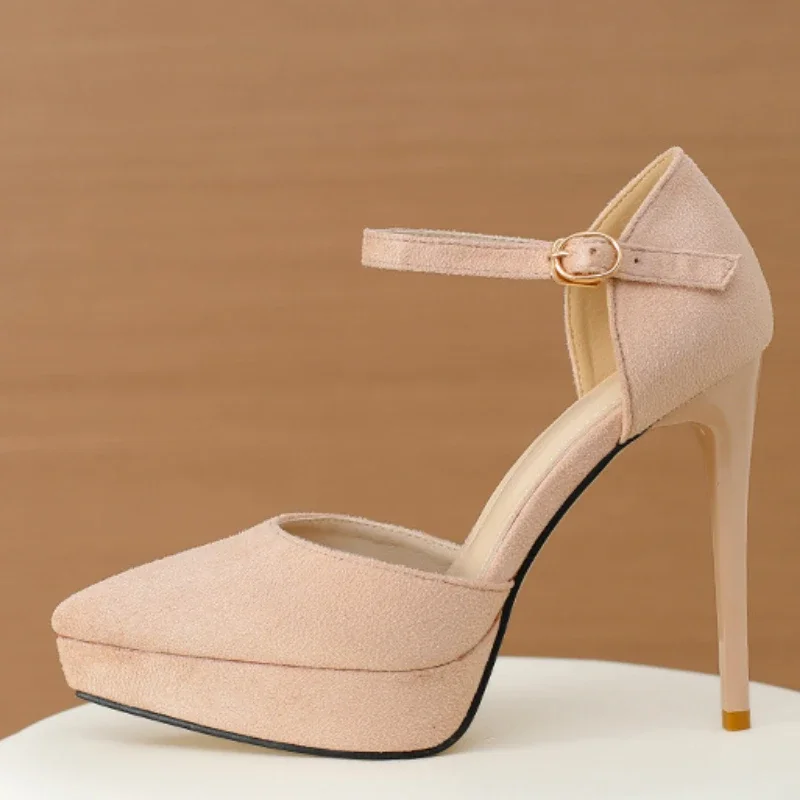 New Pointed Toe Platform Women Sandals Flock Buckle Strap Stripper Party Thin High Heel Shoes Sexy Female Pumps Zapatos De Mujer