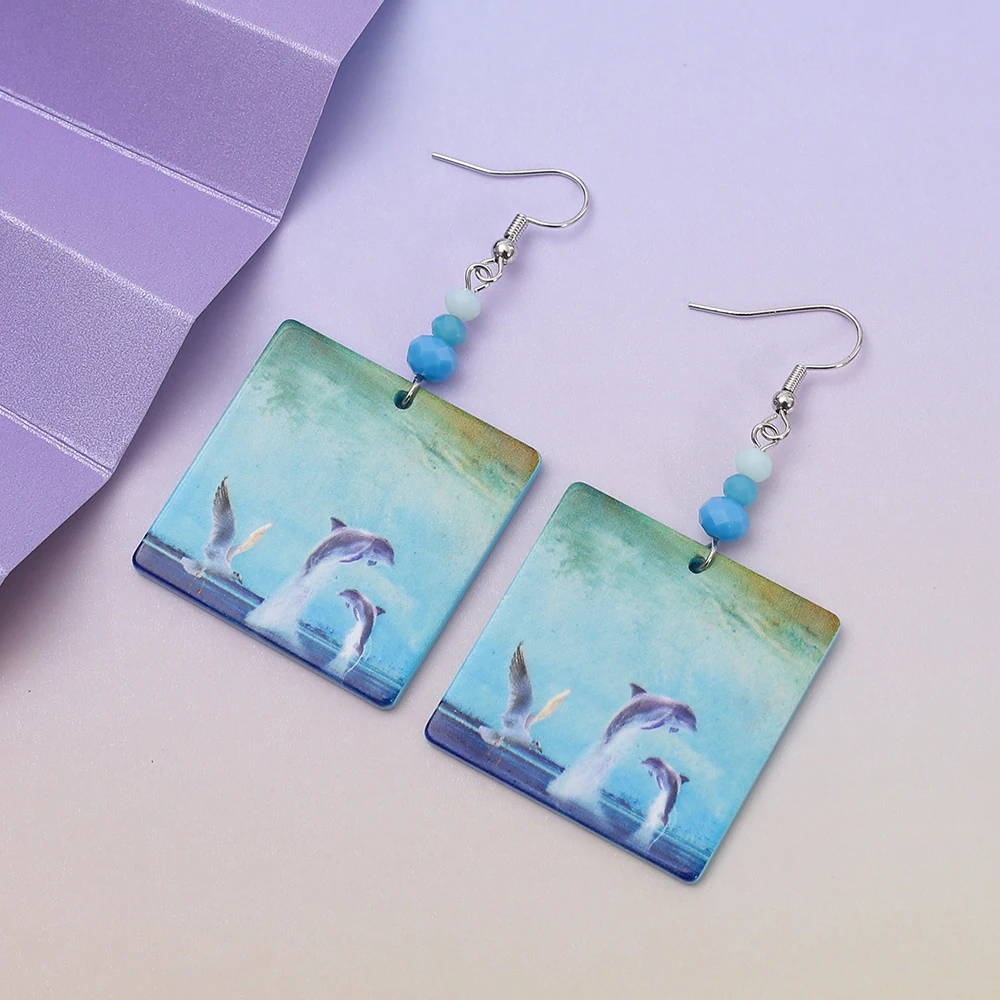 Fashion Beach Summer Vacation Style Dolphin Seagull Relievo Printing Blue Acrylic Earrings For Women Casual Cute Girls Jewelry