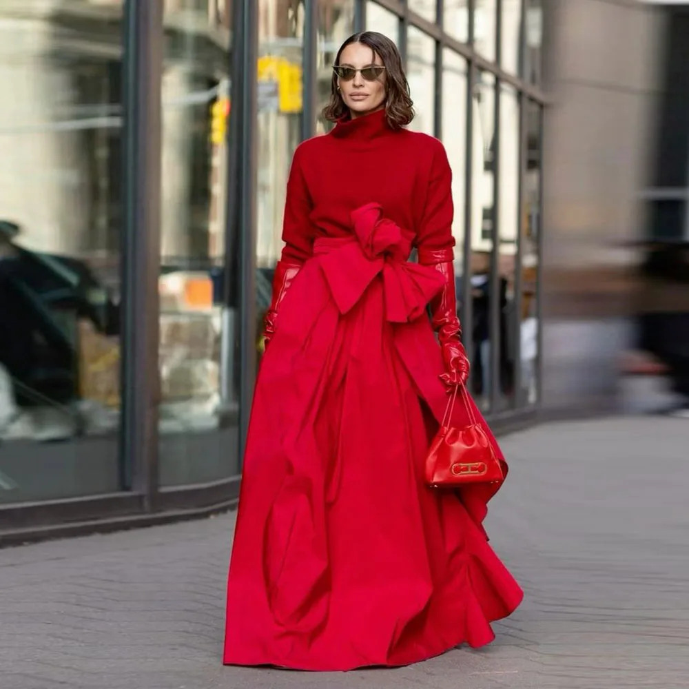 High Street Red A-line Long Satin Skirts With Sash Bow Floor Length Women Skirts To Party Handmade Maxi Skirt Saias