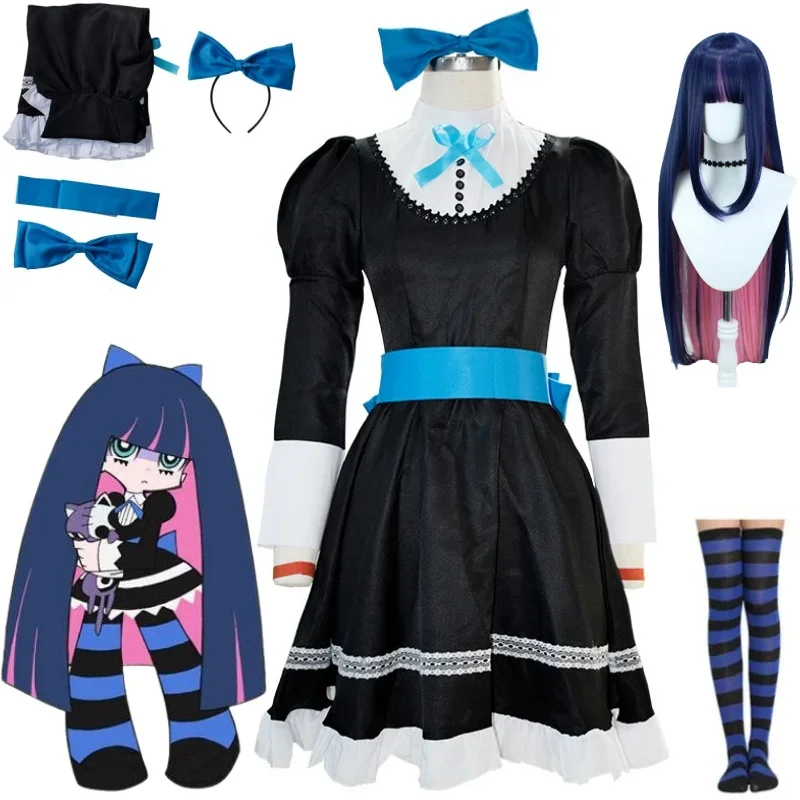 Anime Panty & Stocking with Garterbelt Younger Sister Anarchy Stocking Cosplay Costume Gothic Maid Lolita Dress Wig Long Socks