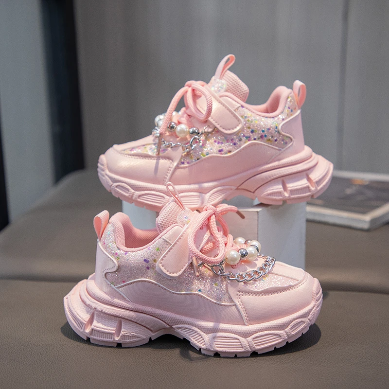 Girls Fashion Platform Sneakers, Pearl Chain Decor Trainers, Hook and Loop Non Slip Footwear for Daily Party Wear