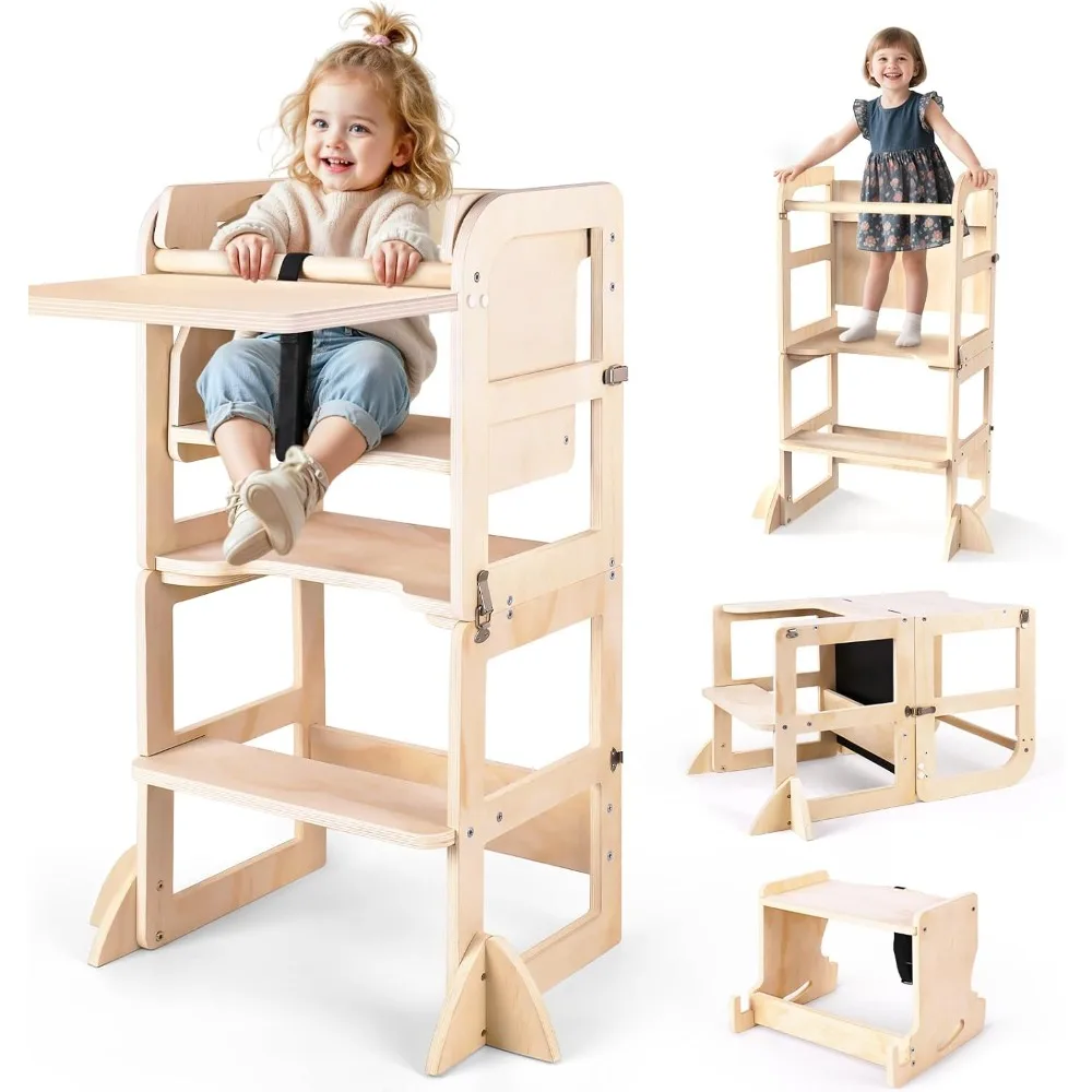 

Foldable Kitchen Step Stool for Toddlers with Blackboard and Feeding Tray Wooden Learning Tower Helper for Kids 1-3 Years