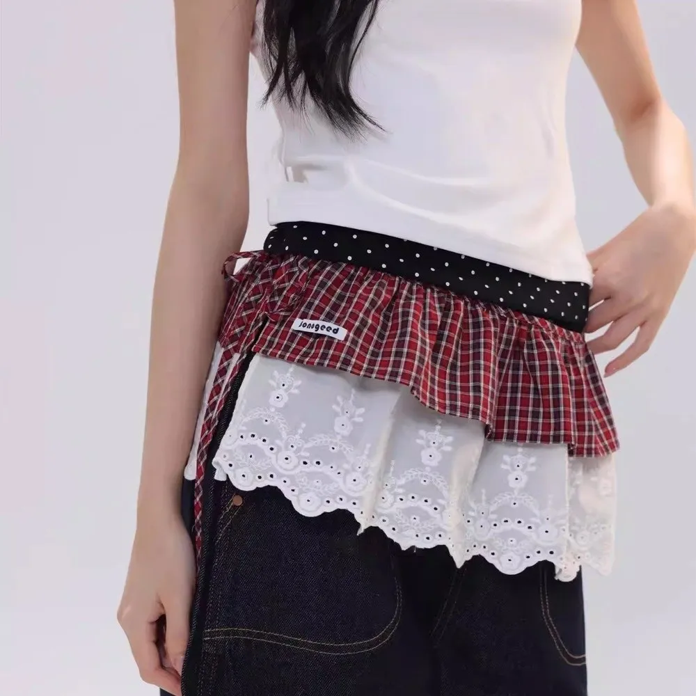 スイートバレエコアチェック柄ファートカーテンレースアップ韓国風レースミニスカート重ね着レイヤードバットカーテン女性用