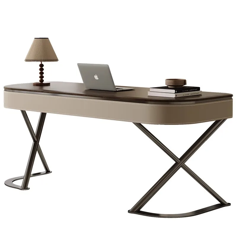 

Solid wood desk Modern minimalist home living room Study high-end light luxury desk Walnut saddle leather computer desk