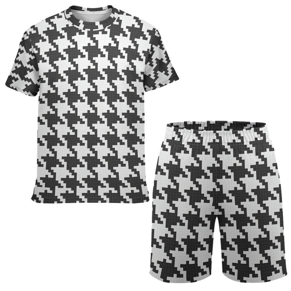 Men\'s Fashionable Black And White Checkerboard T-shirt Shorts Suit, Summer Casual Breathable Round Neck Polyester Oversized Suit