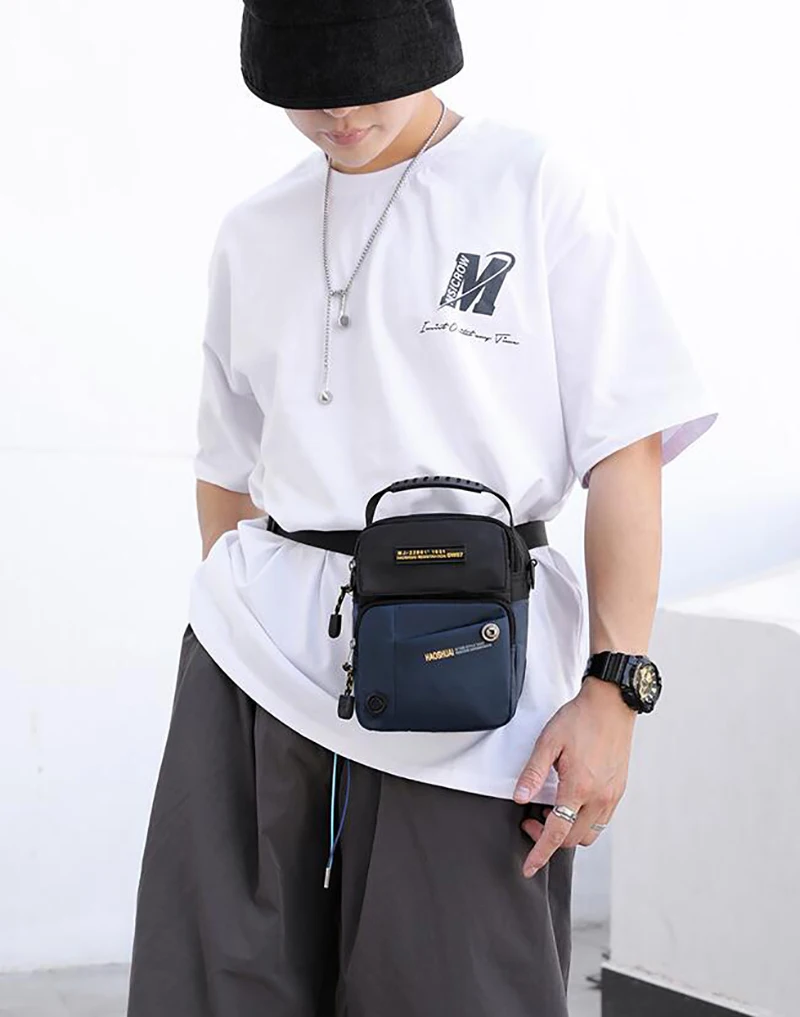 Mens Trendy Small Shoulder Bag Diagonal Crossbody Bag Lightweight Mini Waterproof Nylon Multifunction Mobile Phone Waist Pack