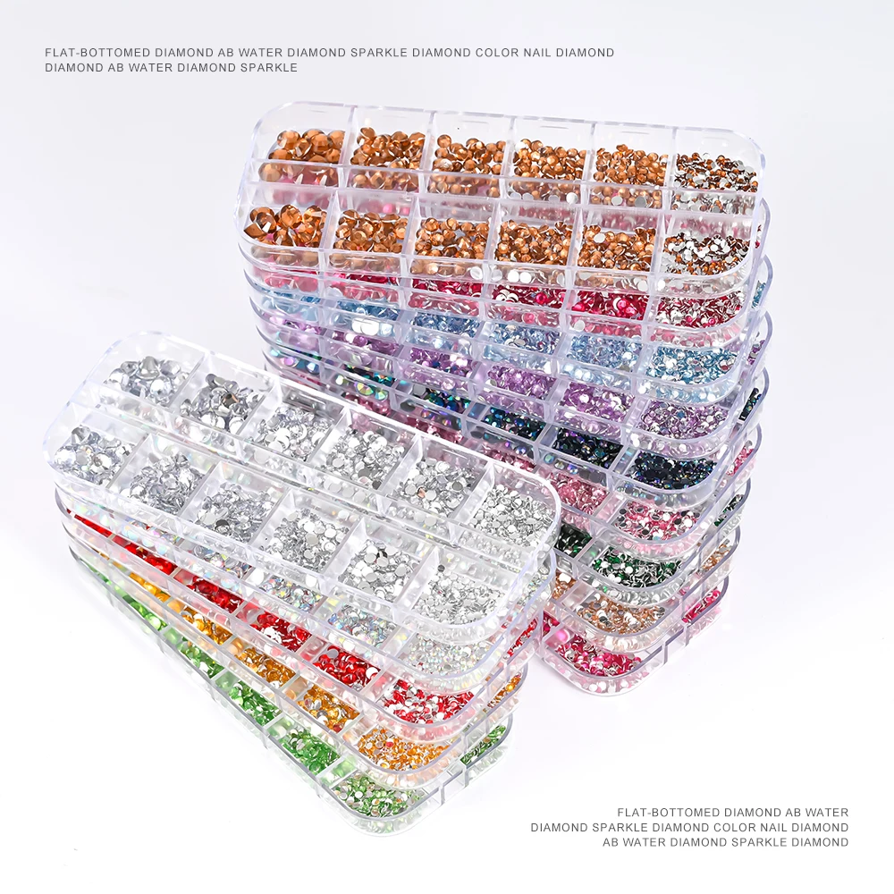 2400pcs+ Shiny Clear Crystal Gems Nail Rhinestones 1.5-4mm Mixed Round Glass Stone Flatback Nail Charms 12grids Nail Diamond DIY