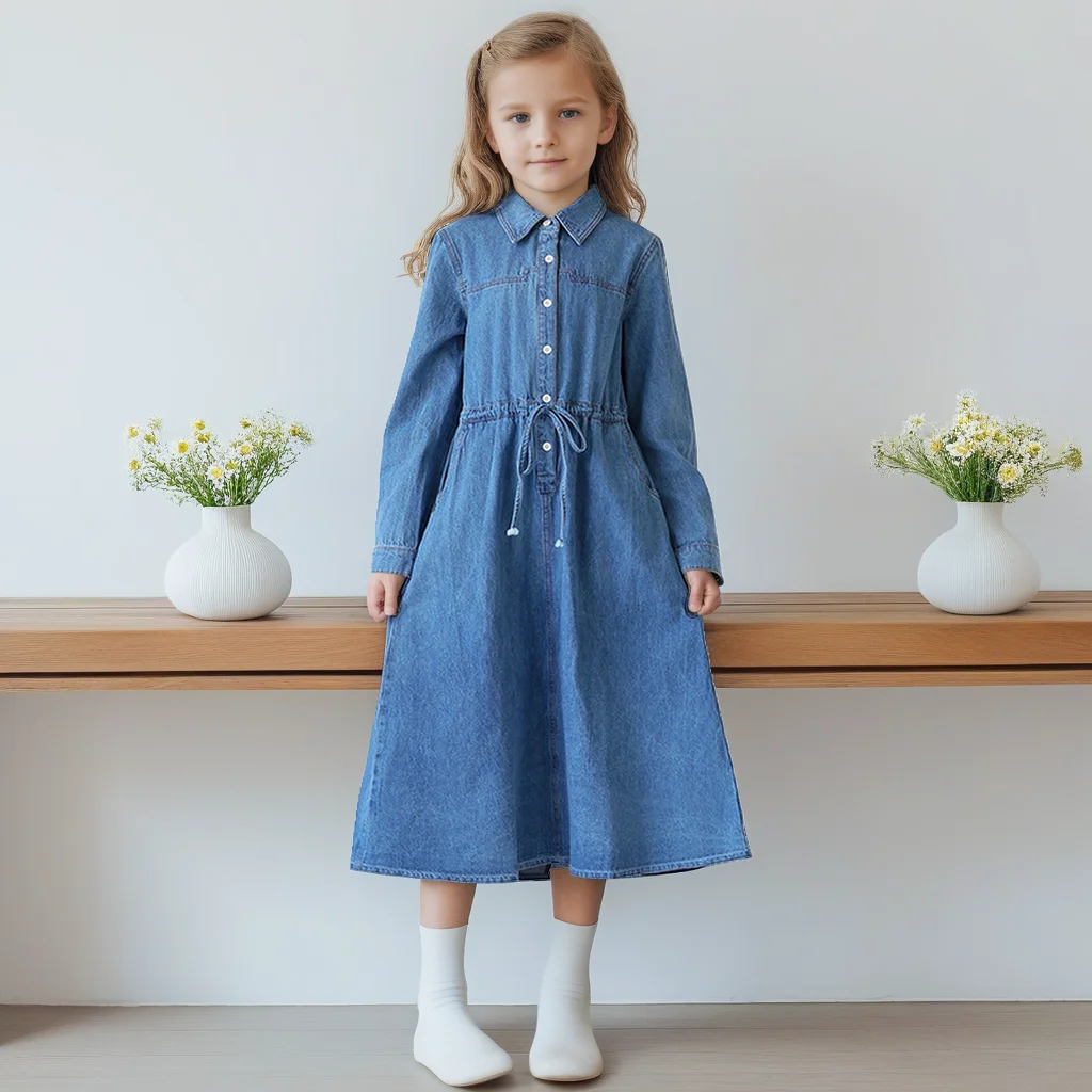 

Girls Denim Dress Long Sleeve 2025 Spring Autumn Waist Tie Belt Mid Length Casual Dresses for Kids Teen Child Daily Outfit 12 Y