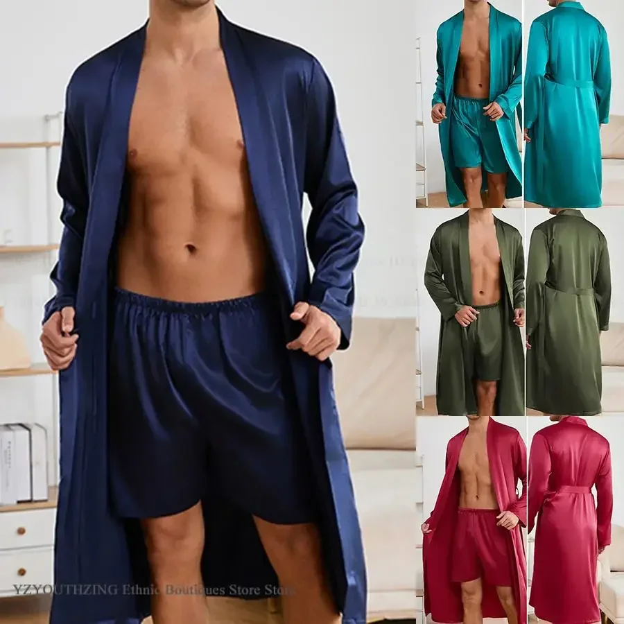 남성 롱 로브 숏 파자마 세트 봄 여름 잠옷 루즈 캐주얼 기모노 목욕 가운 실키 새틴 홈웨어 라운지웨어
