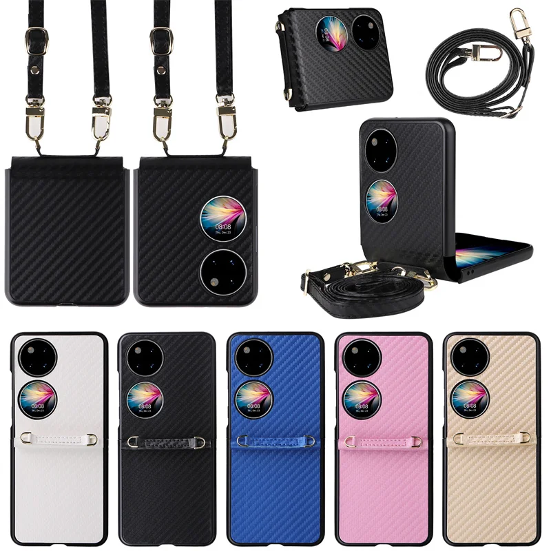 For Huawei P50 Pocket BAL-AL00 Luxury Carbon Fiber PU Phone Bag Cover Case For Huawei P50 Pocket Strap Phone Case