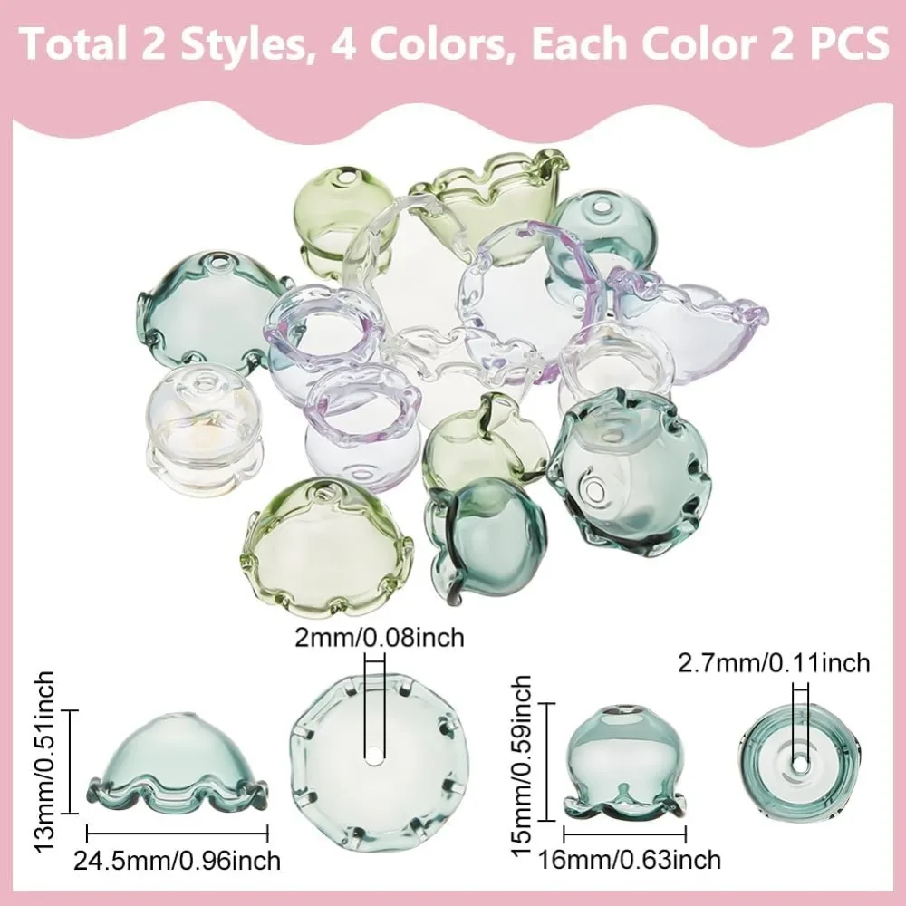 16 pièces 8 Styles de perles de verre cône demi-rond bouchons de perles fleur bouchons de perles en vrac cloche transparente perles de fleur carillons éoliens faisant kit