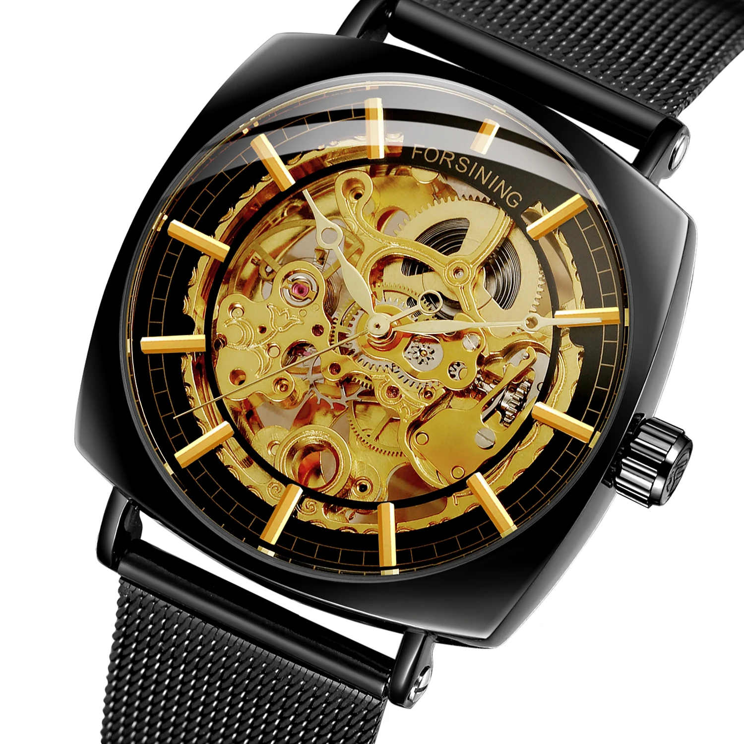 

Fashion Mechanical Watch for Men Square Automatic Self Wind Skeleton Analog Black Slim Mesh Steel Band Watch Relojes Hombre